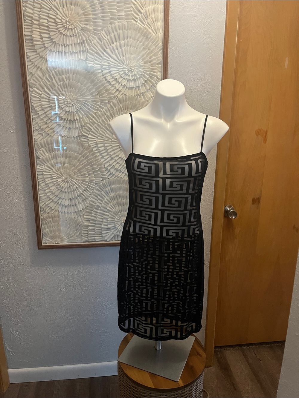 Black Geometric Sheer Mini Dress with Spaghetti Straps